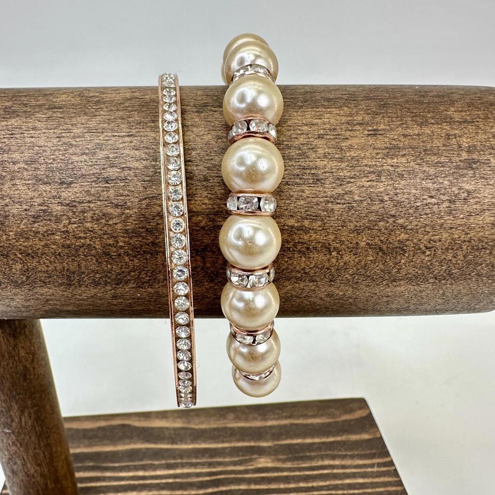 Rose Gold Tone Rhinestone Bangle and Faux Pearl Bracelet Set